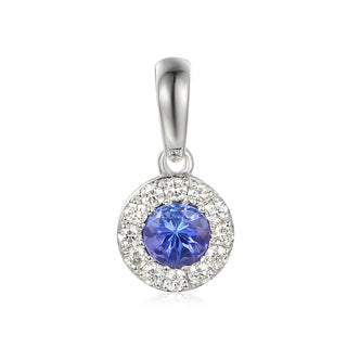Silver pendant with a blue gemstone and clear stones on a white background