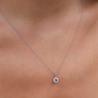 Silver necklace with a pendant on a person's neck