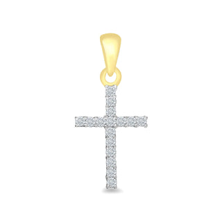 A yellow gold cross pendant featuring a pavé diamond-studded cross and bail, shown on a plain white background.