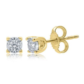 A pair of yellow gold stud earrings with round brilliant-cut clear gemstones, shown from the front and side on a white background with a soft reflection.
