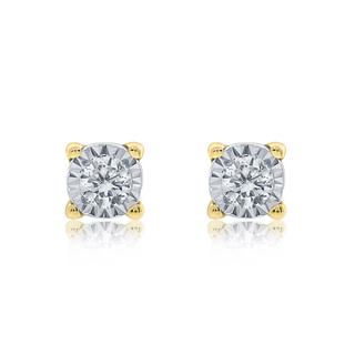 A pair of round-cut stud earrings with yellow gold four-prong settings and silver-toned side accents, shown on a white background with soft reflections below.