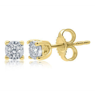 A pair of yellow gold stud earrings with round brilliant-cut clear gemstones, shown on a white background with one earring facing forward and the other showing the side profile and butterfly back.