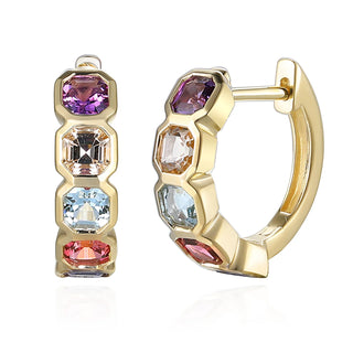 Gold hoop earrings with multicolored gemstones on a white background