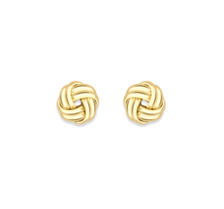 A pair of gold knot stud earrings on a plain white background.