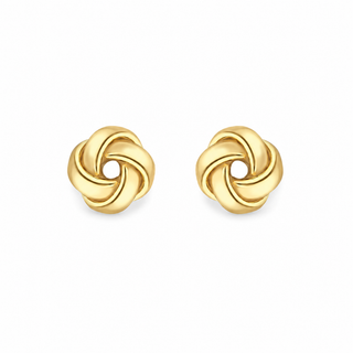 A pair of gold post earrings with a polished, interlocking knot design, shown on a clean white background.