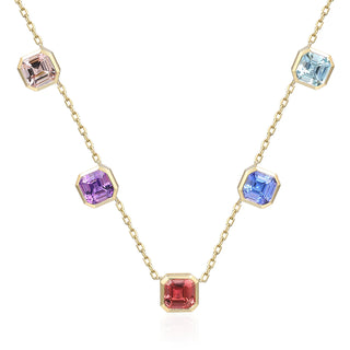 Necklace with multicolored gemstones on a white background