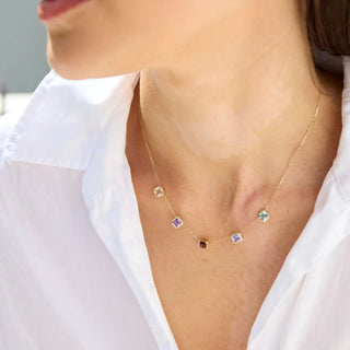 Close-up of a woman wearing a delicate necklace with small gemstones against a neutral background.