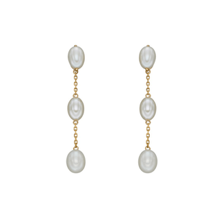 A pair of 9ct yellow gold tier pearl drop earrings with three freshwater pearls on a gold-colored chain.