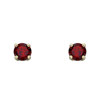 Pair of round red gemstone earrings with gold settings on a white background