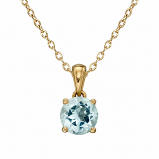 Gold necklace with a round aquamrine gemstone pendant on a white background
