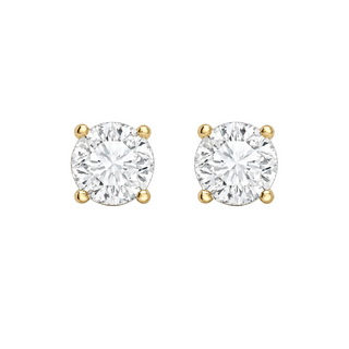A pair of round-cut diamond stud earrings in yellow gold four-prong settings, shown on a clean light gray background.