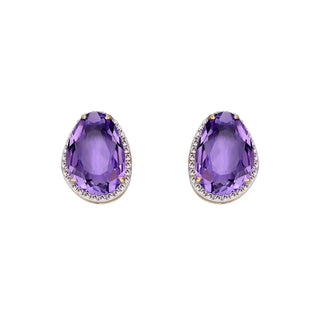 Pair of purple gemstone earrings on a white background