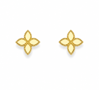 A pair of gold-toned stud earrings shaped like stylized four-petal flowers with pale yellow enamel centers and beaded borders, shown on a plain white background.