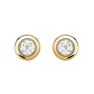 A pair of gold round stud earrings with a bezel-set clear diamond in the center, shown on a clean white background.