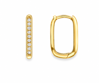 A pair of yellow gold earrings on a plain white background, featuring a small vertical bar stud with a row of clear stones and a matching rounded open hoop.