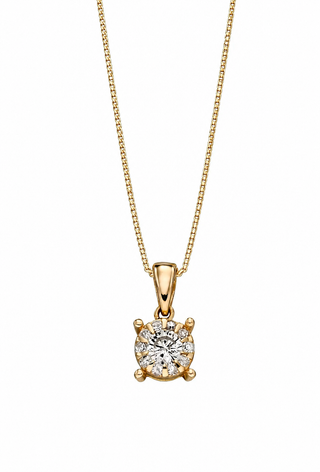 Gold necklace with a diamond pendant on a white background