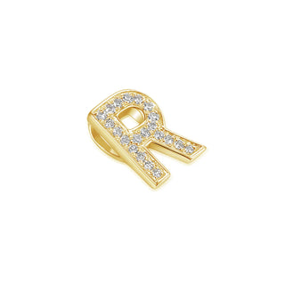 Gold letter 'R' charm with embedded crystals on a white background