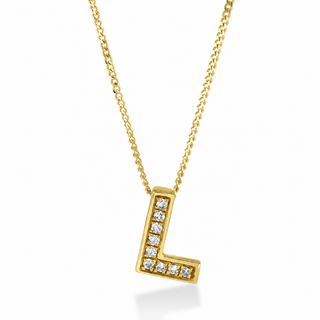Gold necklace with a diamond-studded letter 'L' pendant on a white background