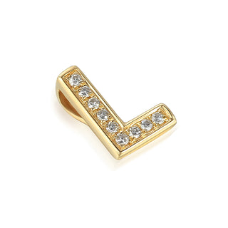 Gold 'L' shaped pendant with embedded diamonds on a white background