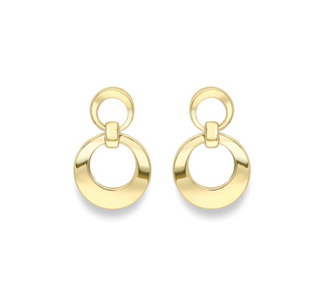 A pair of gold drop earrings with a flat circular disc and a smaller top ring, shown on a plain white background.