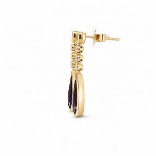 A single gold drop earring with a teardrop-shaped dark purple amethyst gemstone and small clear cubic zirconia accents, shown on a plain white background.