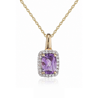 9ct Yellow Gold Cushion Cut Amethyst & Diamond Pendant
