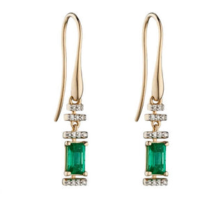 A pair of 9ct yellow gold emerald-cut emerald earrings with diamond accents in a geometric Art-Deco design.