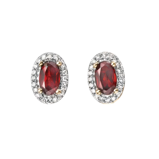 Pair of earrings with red gemstones and diamond-like accents on a white background