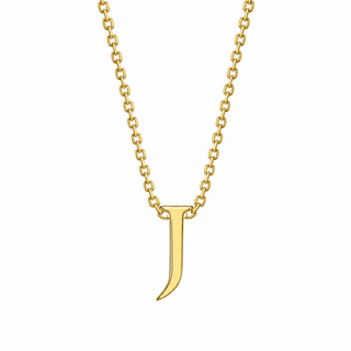 A gold initial necklace featuring a polished letter 'J' pendant on a delicate gold chain, shown against a plain white background.