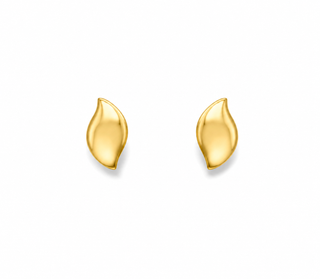 A pair of small gold stud earrings with a smooth, curved teardrop or leaf-like shape, shown on a plain white background.