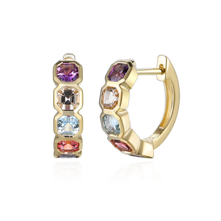 9ct Yellow Gold Step Cut Octagon Multi Gemstone Huggy Hoop Earring