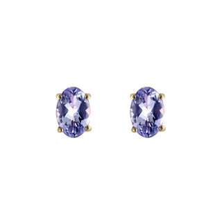 A pair of 9ct yellow gold oval tanzanite stud earrings with a violet-blue hue.