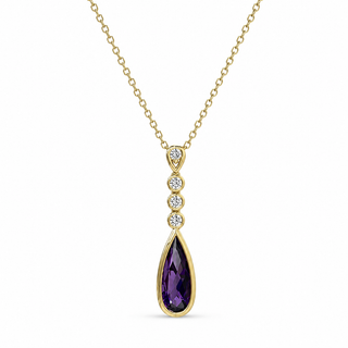 A gold pendant necklace featuring a teardrop-shaped purple amethyst gemstone, accented by three small clear round-cut stones on a delicate gold chain, set against a plain white background.