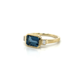 9ct Yellow Gold Rubover Emerald Cut Blue Topaz & Diamond Ring