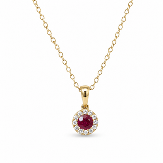 Gold necklace with a red gemstone pendant on a white background