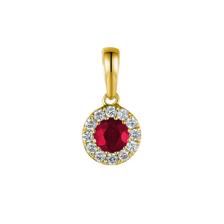 Gold pendant with a red gemstone and diamond accents on a white background