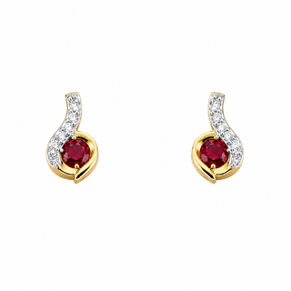 Pair of earrings with red gemstones and gold and diamond accents on a white background
