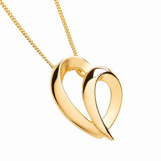 A polished yellow gold pendant necklace featuring two interlocking open heart shapes on a matching gold chain, set against a plain white background.