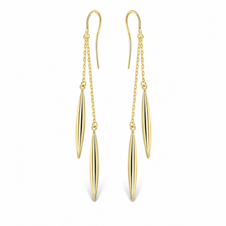 A pair of gold drop earrings with three dangling teardrop-shaped polished metal elements on each earring, shown against a plain white background.