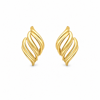 A pair of gold huggie hoop earrings with a twisted, ribbon-like design, shown on a plain white background.