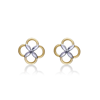 A pair of gold and silver flower-shaped stud earrings on a white background with a soft reflection below.