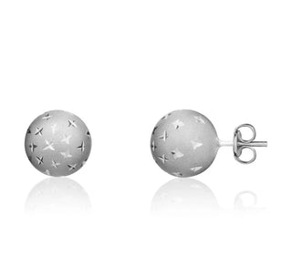 Pair of silver stud earrings with star-like cutout design on a white background