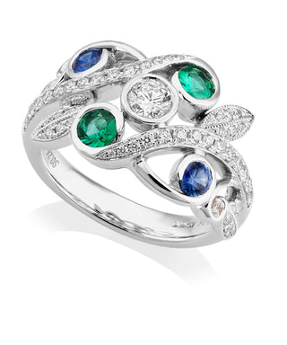 18ct White Gold Sapphire, Emerald & Diamond Ring