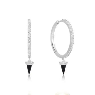 A pair of silver drop hoop earrings with black agate points and cubic zirconia embellishments, on a white background.