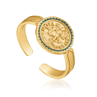 Gold open ring with a coin design on a white background