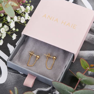Gold earrings in a 'ANIA HAE' box with flowers and leaves in the background