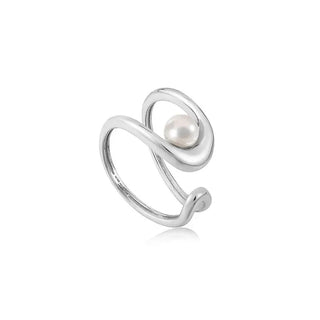 An adjustable ring with a Silver band and a sculpted open-front design, featuring a single white pearl, on a white background.