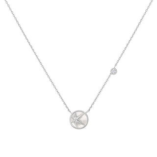 Silver necklace with a round mother of pearl pendant on a white background