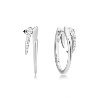 A pair of silver double hoop earrings with cubic zirconia accents.