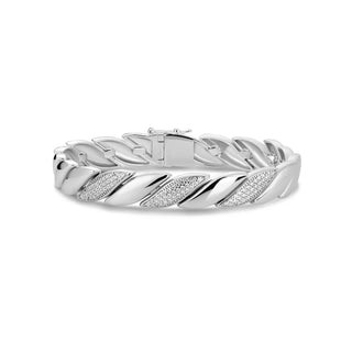 Silver bracelet with leaf design on a white background
